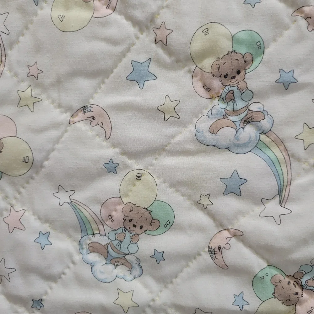 Vintage Precious Moments Bears Baby Quilt Crib Blanket Yellow Satin Trim 36 x 43